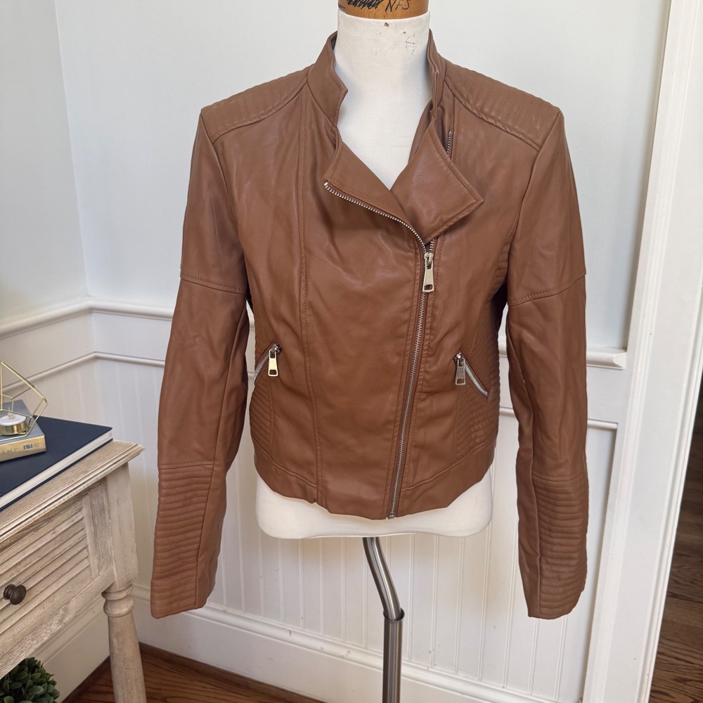 Ci Sono by Cavalini Womens Camel Faux Leather Moto Jacket Quilted PUJK352 Large